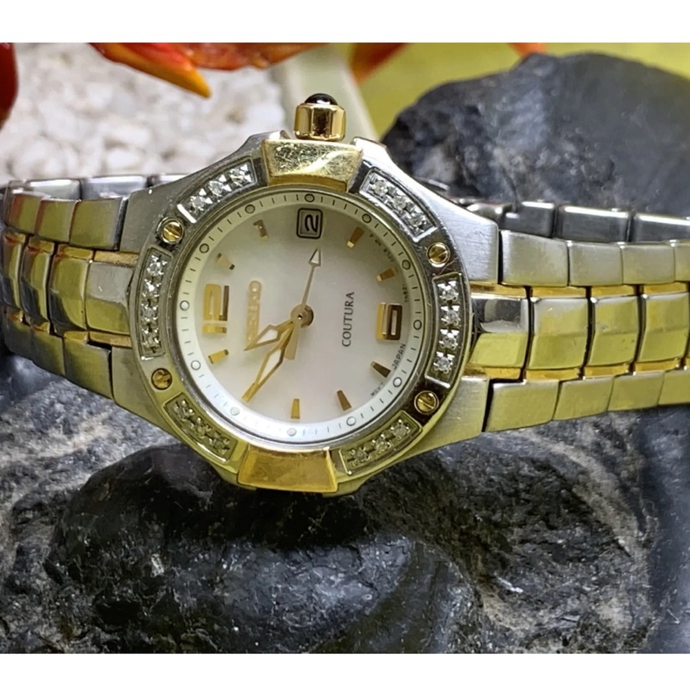 Seiko Coutura 100m Two Tone Ladies Diamond Studded Stainless Steel Watch Nice
